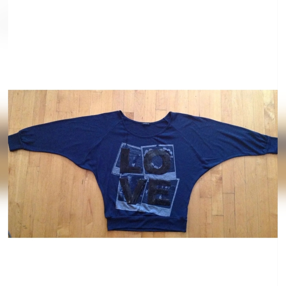 Cherie Women's Navy Blue Cropped Sequin Top/ Blouse Size Medium